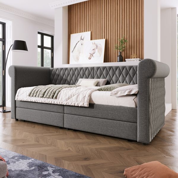 Tagesbett, Leinen mit 2 Schubladen & Lattenrost, 90x200 cm, Grau, ohne Matratze