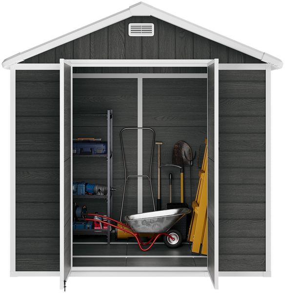 STEELSØN 'Novara' Gerätehaus Satteldach, Kunststoff, dunkelgrau mit Holzoptik, wetterfest, 226x200x230 cm, abschließbar, Gartenhaus mit Fenster Bild 10