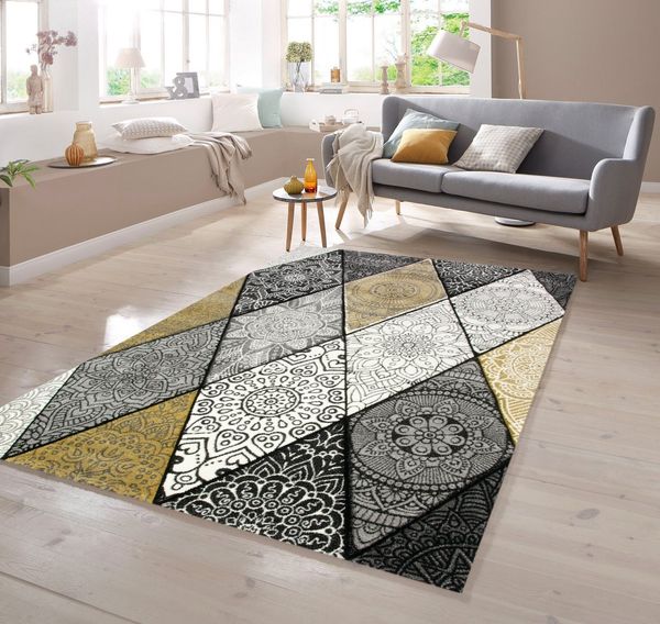 TeppichHome24 Teppich Teppich Wohnzimmer Rauten mit Ornamenten in grau senfgelb creme, rechteckig