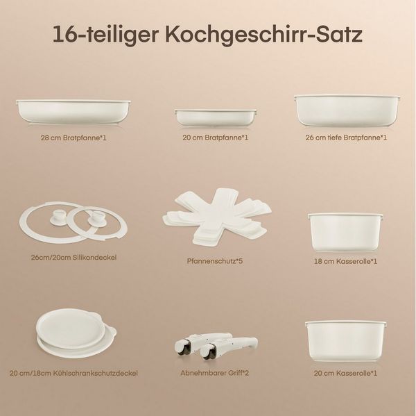 FOHERE Topf-Set Töpfe und Pfannen Kochgeschirr-Set mit abnehmbaren Griffen 16 teiliges, (16-tlg)