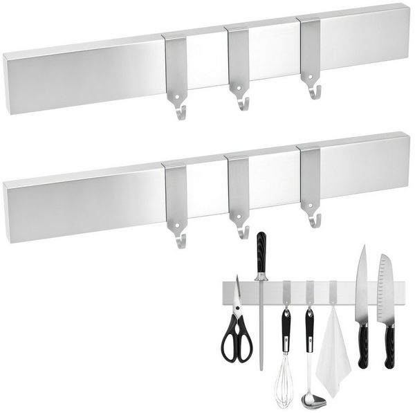 BlingBin Wand-Magnet Messer-Leiste 30 cm Magnetleiste Messer, Messerhalter aus Edelstahl mit 3 Haken (2tlg), Rostfreie Magnetleiste Für Küchenmesser Werkzeuge Utensilien
