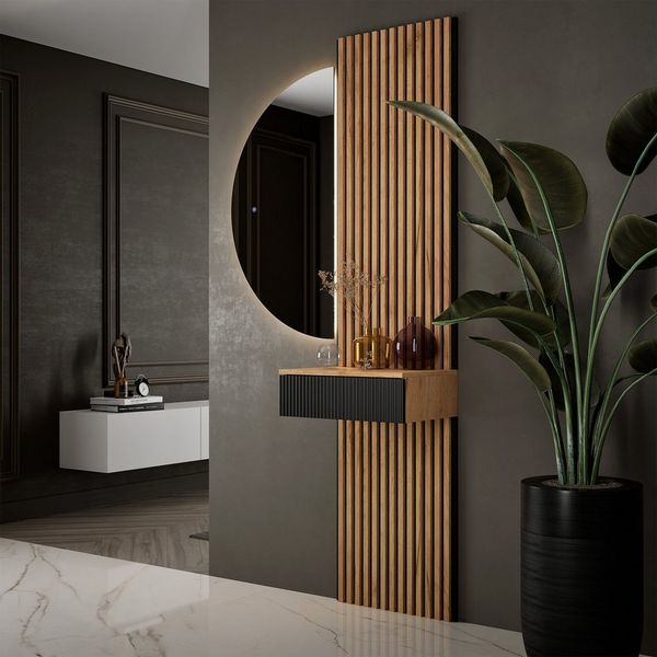 Planetmöbel Konsolentisch AMYRA Flur Garderobe Spiegel mit Beleuchtung & Akustikpaneele (LED Spiegel Nivora 50x100 cm, Touch-Funktion, Dimmbar, Konsolentisch in Schwarz Geriffelt 50 cm mit LED Spiegel NIVORA), und Akustikpaneele 2x120 cm