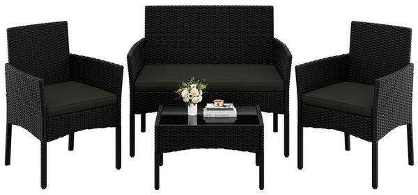 Yaheetech Balkonset Gartenmöbel-Set, 4-er Set Rattanmöbel Gartenlounge-Set für 4 Personen, Rattan Schwarz