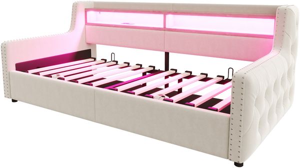 Polsterbett Schlafsofa 90x200 cm, Mit hydraulischem Stauraum, Weicher, Dicker Rückenlehne und Armlehnen, Mit LED-Beleuchtung, Ablagefach, Steckdose und Ladeanschluss, Komplett mit Lattenrost, Beige Bild 9