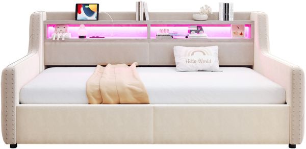Polsterbett Schlafsofa 90x200 cm, Mit hydraulischem Stauraum, Weicher, Dicker Rückenlehne und Armlehnen, Mit LED-Beleuchtung, Ablagefach, Steckdose und Ladeanschluss, Komplett mit Lattenrost, Beige Bild 8