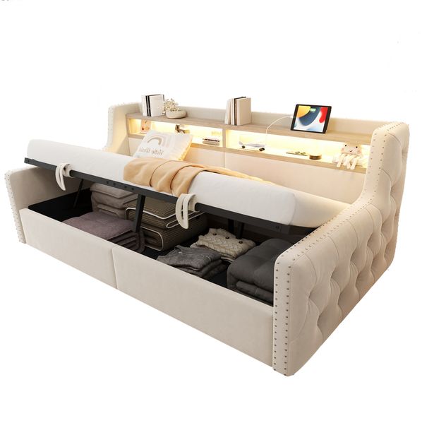 Polsterbett Schlafsofa 90x200 cm, Mit hydraulischem Stauraum, Weicher, Dicker Rückenlehne und Armlehnen, Mit LED-Beleuchtung, Ablagefach, Steckdose und Ladeanschluss, Komplett mit Lattenrost, Beige Bild 7