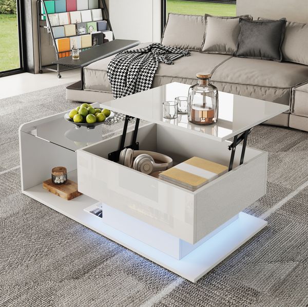 Couchtisch 100 x 50 x 33/47,5 cm mit höhenverstellbarer Glasplatte, Stauraum und LED-Lichtleiste in Weiß