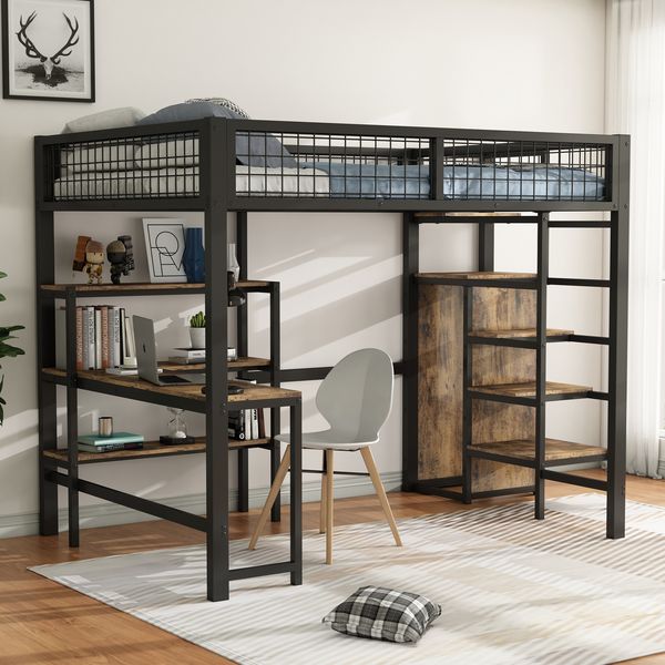 Hochbett 140×200 cm mit Schreibtisch, Regalen und Kleiderschrank, Schwarz/Braun, ohne Matratze