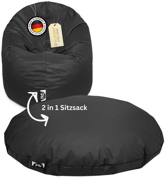 PATCH HOME 2 in 1 Sitzsack Sessel – Ø100 cm – Schwarz, bequemer Sitzsack aus Luxus-Polyester-Gewebe, bereits befüllt