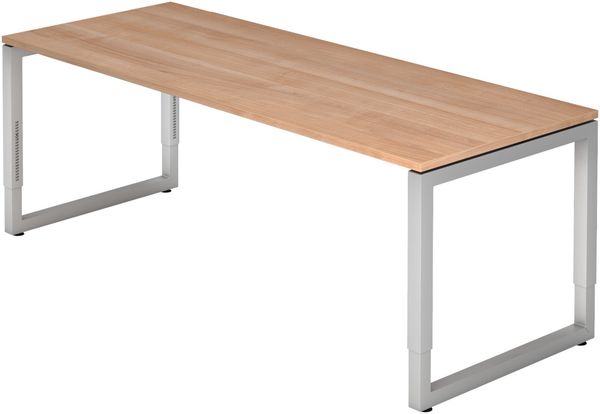bümö höhenverstellbarer Schreibtisch R-Serie 200x80 cm in Nussbaum, Gestell in Silber - großer PC Tisch für's Büro manuell höhenverstellbar, Computertisch verstellbar, RS-20-N-S