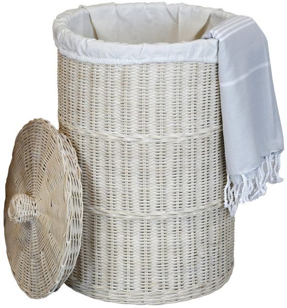 Casa Moro Wäschekorb Wäschekorb mit Deckel Rattan 75L Wäschesammler White Wash Korb (Wäschekorb mit Deckel & Baumwollsack), handgeflochten, mit Deckel, inkl. Baumwollsack, luftdurchlässig