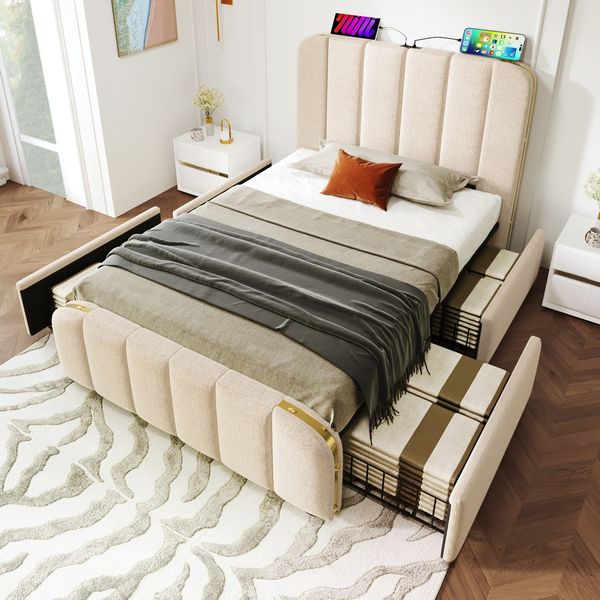 Polsterbett 90×200 cm aus Leinen-Stoff mit USB-Anschluss, Typ-C-Anschluss und vier Schubladen, beige