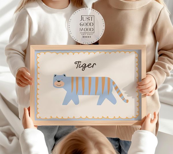 Poster Kinderzimmer Tiger · Süßer blauer Tiger mit Streifen · Tierposter für Jungen & Mädchen · Skandi Dekoprint ohne Rahmen - 21x30cm