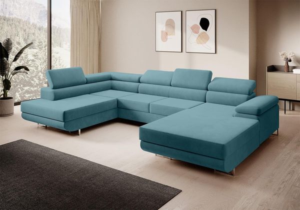 Ecksofa MARGO U- Form, moderne Couch mit Schlaffunktion, verstellbare Kopfstützen, zwei Bettkästen, große Polstercouch – Kronos 26, 72 x 203 x 347 cm