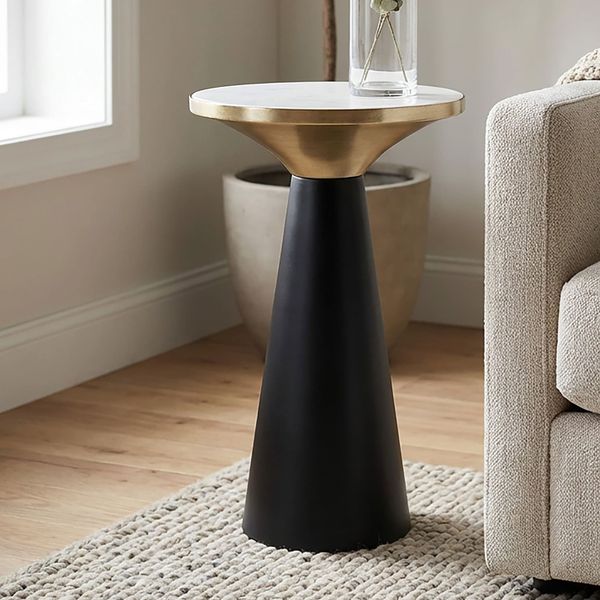 FineBuy Beistelltisch Eisen & Marmor Tischplatte 28cm rund - Kleiner runder Anstelltisch aus Metall Schwarz - Design Wohnzimmertisch - Dekotisch - Couchtisch - Metalltisch Handmade pflegeleicht