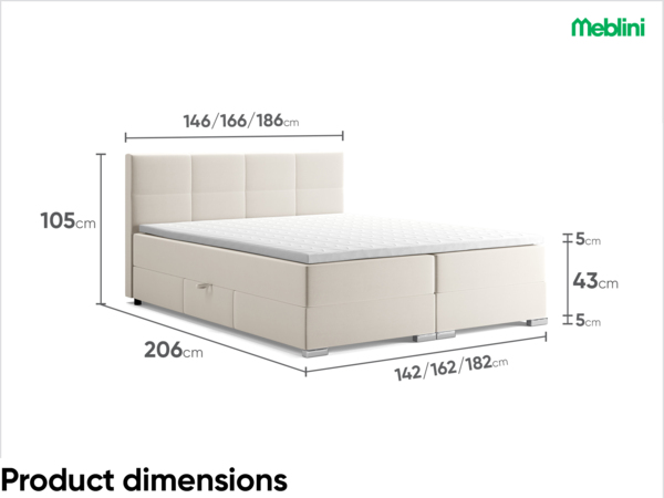 MEBLINI Boxspringbett ELIZABETH 140x200 cm mit Bettkasten - H3B/Creme Samt Polsterbett - Doppelbett mit Topper & Bonellfederkern-Matratze Bild 7