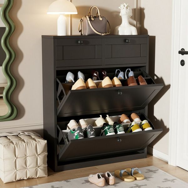 VOWNER Schuhschrank mit 2 Klappen, Einstellbarer Schmal Schuhregal, 80 x 24 x 100 cm (1-St) 2 Flip-Schubladen mit anpassbaren Regalen