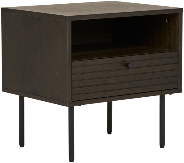 Beistelltisch, 1 Schublade, Eichenfurnier, geräuchert, Beine aus schwarzem Metall, 50 x 40 x 50 cm