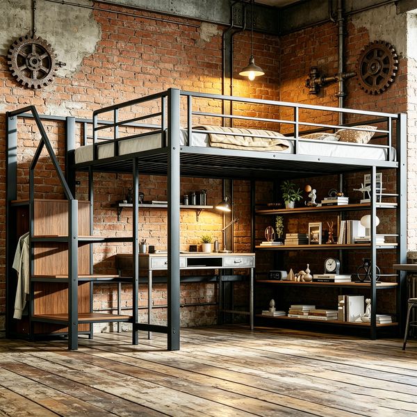 Hochbett 140*200, mit Sicherheitstreppe, Stauraum und kleinem Kleiderschrank, Einlegeböden, hohes Zaundesign, Einzelbett, Jugendbett,Schwarz