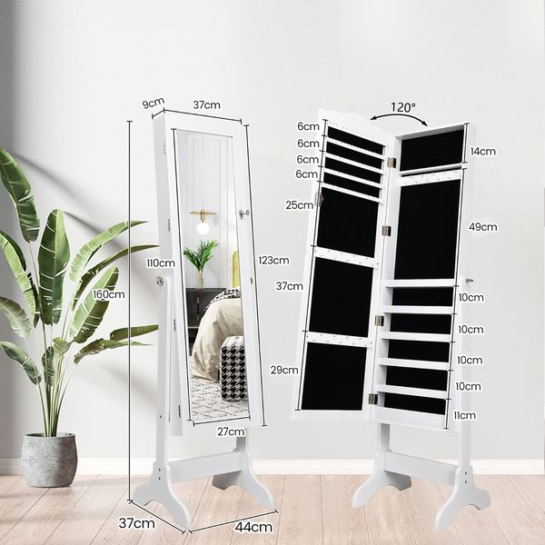 Abschließbarer Schmuckschrank Stehendes Design mit verstellbarem Winkel mit Ganzkörperspiegel 45 x 37 x 160 cm Weiß