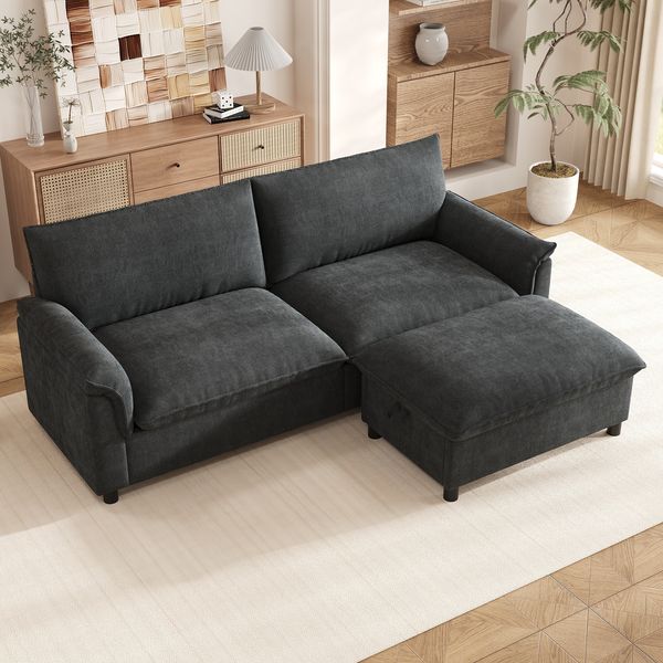 Merax Modulares Cloud-Sectional-Sofa, komfortables Ecksofa für das Wohnzimmer, übergroßes Cloud-Sofa, mit beweglichem Fußhocker, hohe Rückenlehne, Schwarz, B216 × H82 × T77