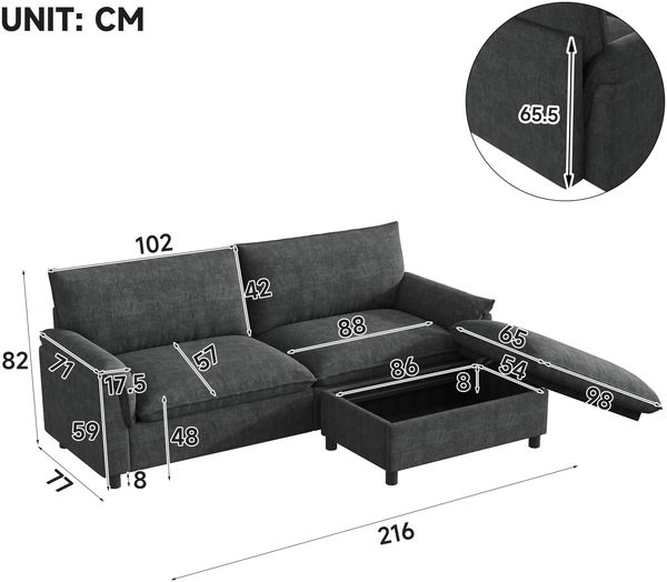 Merax Modulares Cloud-Sectional-Sofa, komfortables Ecksofa für das Wohnzimmer, übergroßes Cloud-Sofa, mit beweglichem Fußhocker, hohe Rückenlehne, Schwarz, B216 × H82 × T77 Bild 4