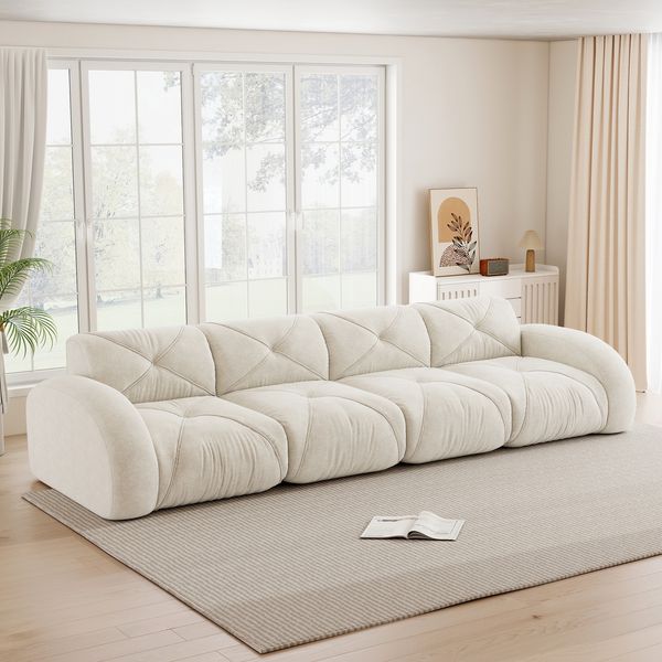 Flieks Modulares Sofa 4-Sitzer, Cloud Sofa mit runden Armlehnen, Chenille weich, rahmenlos bodennah, Lounge Sofa, Beige