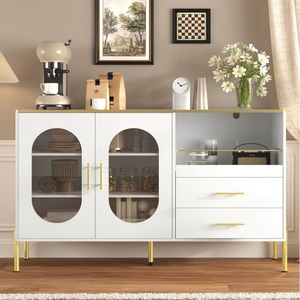 Merax Sideboard mit Kabelmanagement und Stauraum (Buffetschrank Anrichte, 1 St, für Wohnzimmer, Esszimmer & Flur), Kommode mit Glastüren, Schubladen & goldenen Akzenten, 140 x 38 x 90 cm