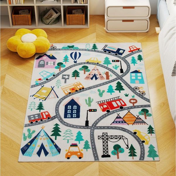 HOMCOM Teppich Kurzflor mit Fleece-Optik, Autobahn-Muster, Rechteckig, Höhe: 7 mm, für Wohnzimmer Terrasse Balkon & Küche, 160 x 120 cm, Mehrfarbig
