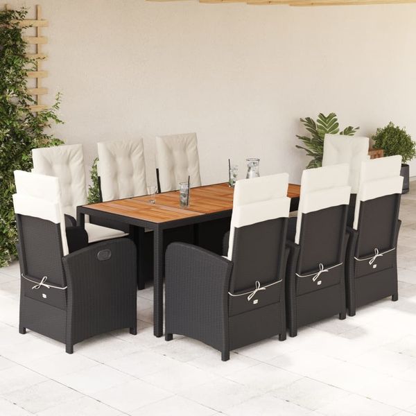 vidaXL 9-tlg. Garten-Essgruppe mit Kissen Schwarz Poly Rattan 3212228