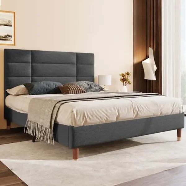 Polsterbett, Doppelbett mit gepolstertem Kopfteil und Lattenrost, 140x200 cm, Bezug, Leinen