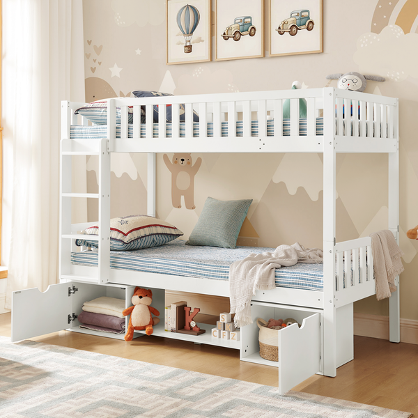 Massivkieferholz Kinder-Doppelbett, Größe 90×200 cm, zerlegbar in 2 Einzelbetten, Kinderbett mit Sicherheitsgeländern und Aufbewahrungsschubladen, inklusive Leiter, White(ohne Matratze)