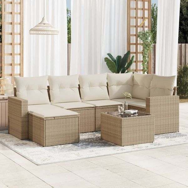 vidaXL 7-tlg. Garten-Sofagarnitur mit Kissen Beige Poly Rattan 3251605