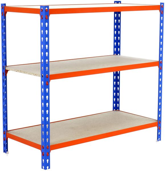 Simon Rack Schwerlastregal, 1000x800x500 mm, Bis 150 kg Belastbar, 3 Verstellbare Ablagen, MDF-Platten, Kellerregal, Lagerregal, Blau/Orange/Holz - Maderclick