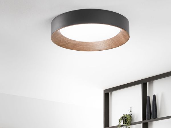 LED Deckenleuchte ARKA Schwarz mit Holzoptik, hell & 3 Lichtfarben Ø 50cm