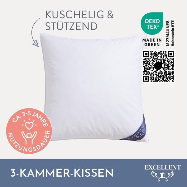 Excellent 3-Kammer-Kopfkissen Venedig, 3-Kammer-Kopfkissen Größenauswahl 40x40-80x80 cm, Füllung: weiße neue Gänsedaunen, Klasse I, 100% Daunen (Außen), weiße neue Gänsefedern, Klasse I, 100% Federn (Innen), Bezug: feiner Daunen-Batist, 100% Baumwolle,...