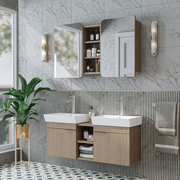 Roomart LYCIA-120 Badmöbel Set– 2-teiliges Badezimmermöbel Set - Waschbecken mit Unterschrank - H 54 x B 38.6 x T 121 cm • Eiche(Hell)