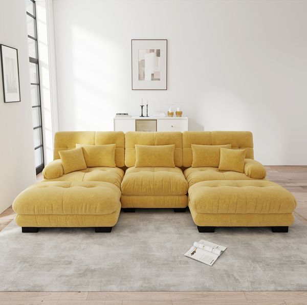 Ecksofa modular 81cm×313cm×145cm mit Ottomane – U- oder L-Form aus Chenille in Gelb