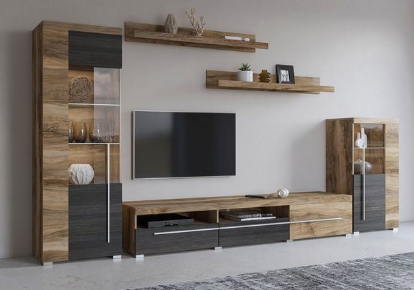 INOSIGN Wohnwand Roger,Breite 270 cm moderne Mediawand ohne Beleuchtung, (Set, 5-St), Anbuwand (Set,5-St) viel Stauraum, Vitrinen mit Glastür