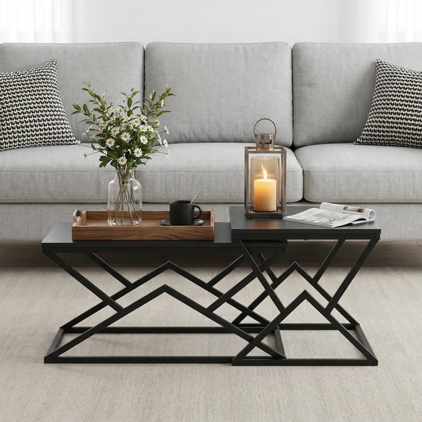 Couchtisch 80 x 50 x 40 cm, schwarz, mit Metallrahmen und Ablage im modernen Industrial-Design