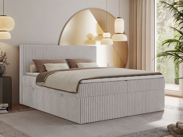Boxspringbett mit Kopfteil und Topper Visco, Cord Bett - TILIANO - 160 x 200 cm - Hellgrau Cord - H4