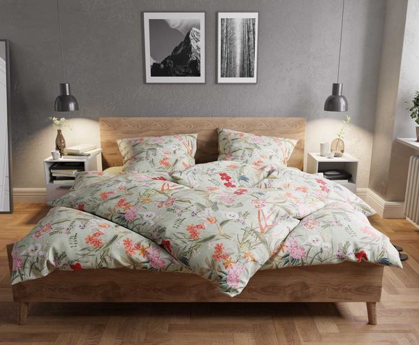Mako Satin Bettwäsche Tropical Flowers mint 135x220 + 80x80