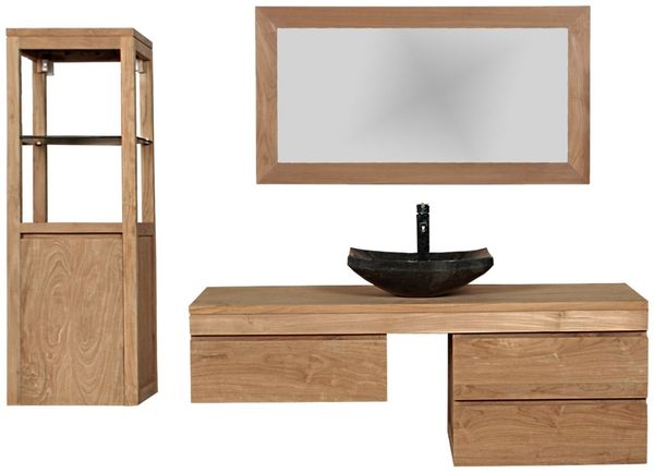 Badmöbel Set Mark Teak Massivholz - Breite vom Unterschrank: 120 cm - Breite vom Spiegel: ohne Spiegel - Anzahl der Hängeschränke: 1 Schrank - Handtuchhalter: ohne Handtuchhalter
