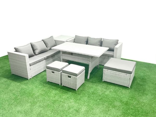 Fimous Rattan Gartenmöbel-Set 9 Sitzer mit Esstisch Beistelltisch 3 Fußhockern Hellgrau gemischt
