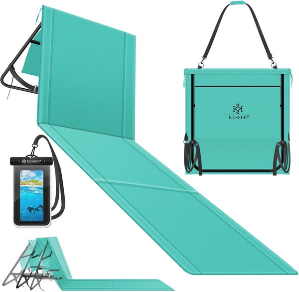 KESSER® Strandmatte klappbar mit verstellbarer Rückenlehne, Strandliege faltbar mit Tragegurt, wasserdichter Handyhülle & Aufbewahrungstasche, Sonnenliege für Strand Garten Terrasse, Liegematte 130Kg Blau, 1er Set