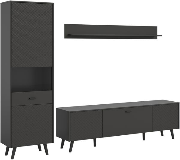 Wohnwand >Linea< (3-teilig) Vitrine, Lowboard, Wandboard, grau - 258x195x40cm (BxHxT)