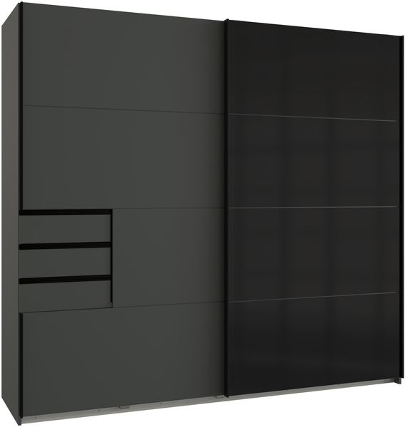 Schwebetürenschrank >Saigon< 3 Schübe, in GRPAHIT + GLAS SCHWARZ - 225x208x64cm (BxHxT)
