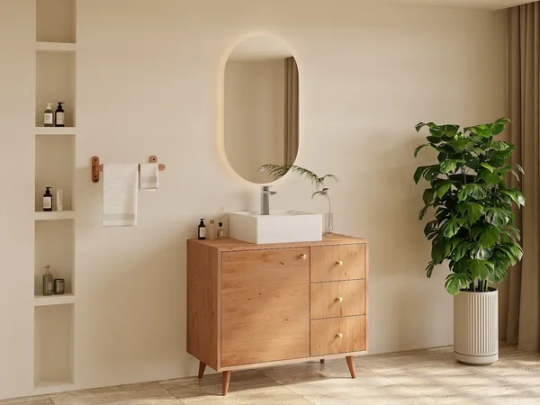 Vente-unique - ZARENO Waschbeckenmöbel Holz, Platte Beige - B 50 cm x H 80,5 cm x L 93 cm