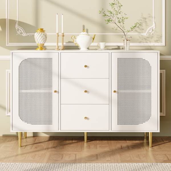 Sideboard Weiß, 120x40x90 cm mit PE-Rattantüren & Schublade