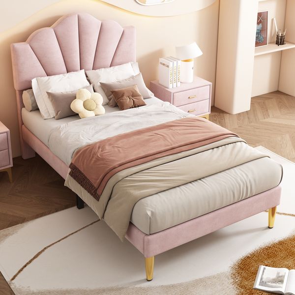 Polsterbett 90x200 cm aus Samt mit verstellbarem Kopfteil und goldenen Metallbeinen – Muschel‑Design mit Unterbett‑Stauraum